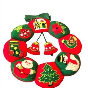 VTG Cross-Stitch Holiday Christmas Stuffed Wreath Red Santa Tree Snowman 1970’s